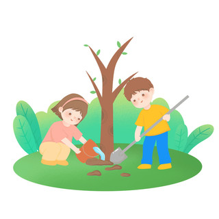 卡通男生女生人物植树节元素GIF植树节表情包